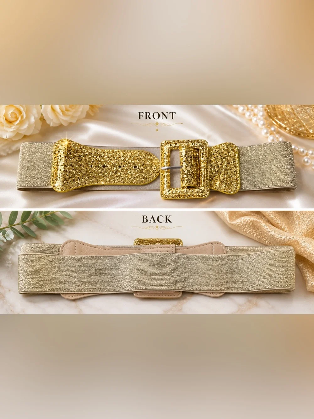 RHOGAIN Gold Glitter Stretch Waist Belt Elastic Square Buckle S/M New in Package